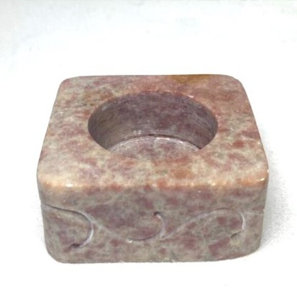 Vtg Soapstone Votive Tea Light Holder Pink Square Carved Scroll Boho - Picture 5 of 6